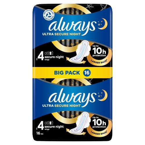 Always Ultra Sanitary Towels Secure Night With Wings Size 4 16pk